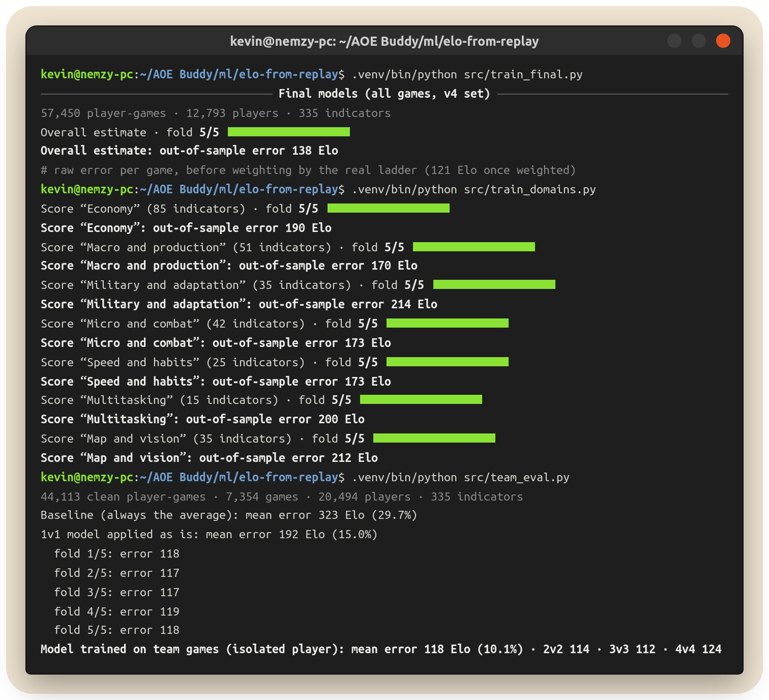 Terminal: training the models (overall, domains, team)