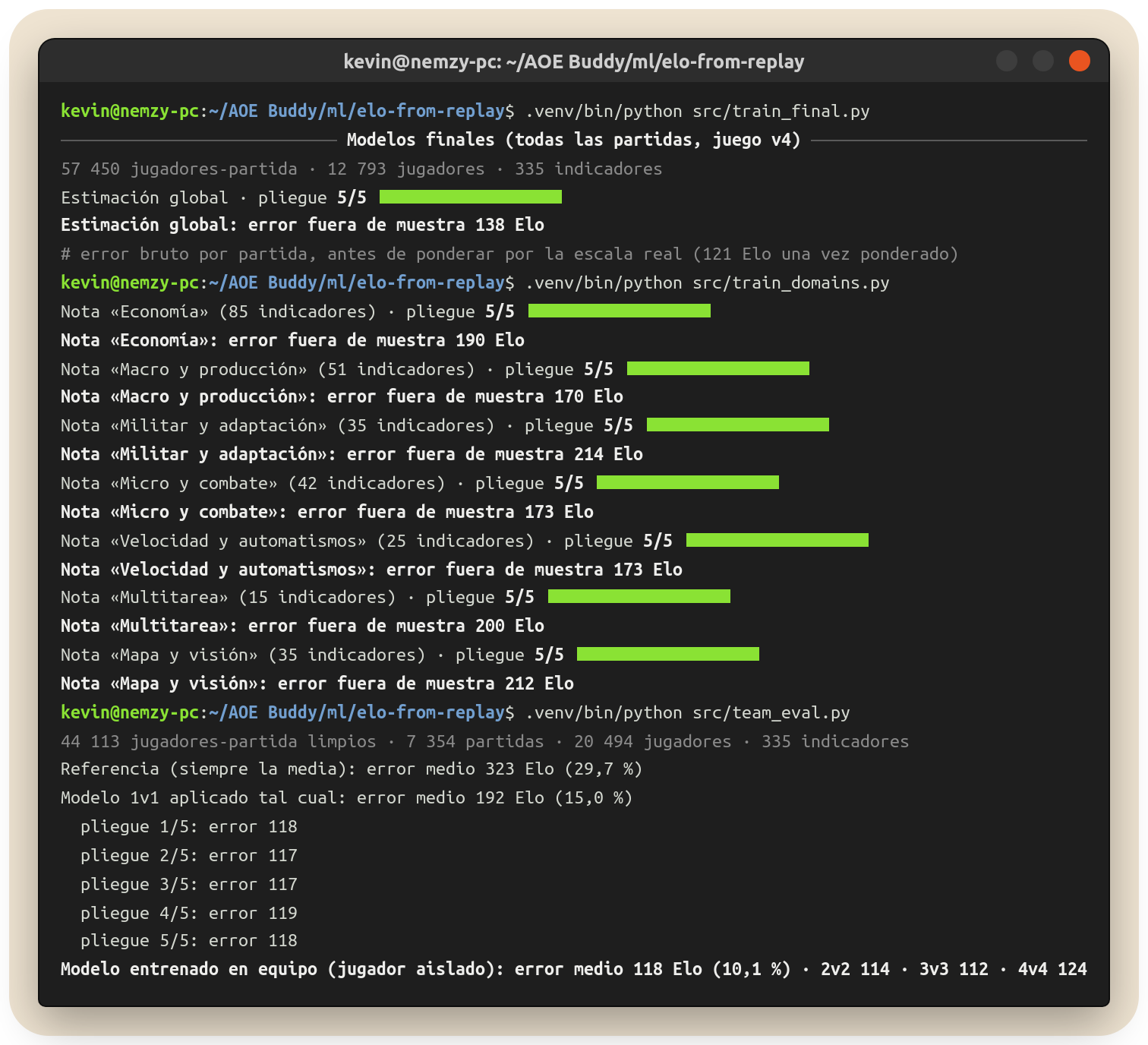 Terminal: entrenamiento de los modelos (global, dominios, equipo)