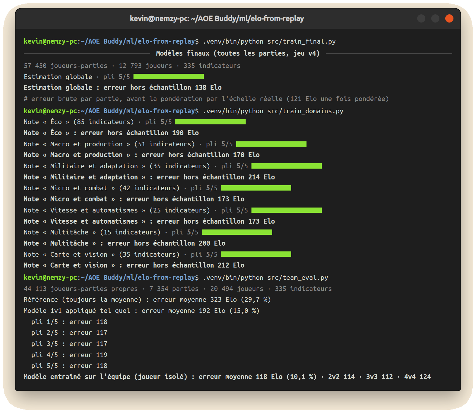 Terminal : entraînement des modèles (global, domaines, équipe)